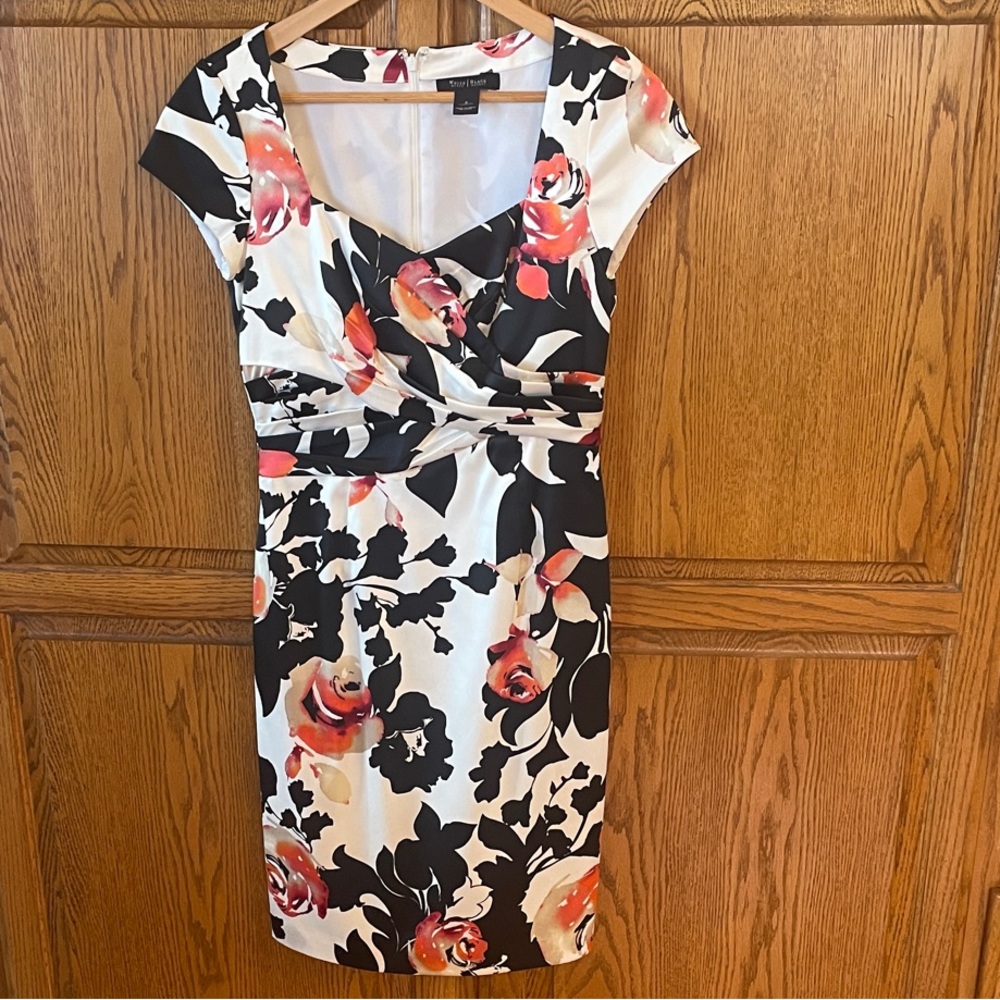 White House Black Market Black & White Floral Midi Dress with Coral Roses - Picture 3 of 7